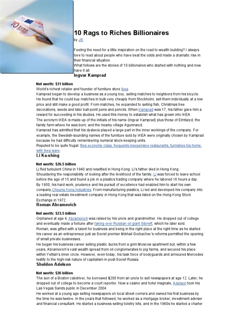 10 Rags To Riches Billionaires PDF Business Leisure