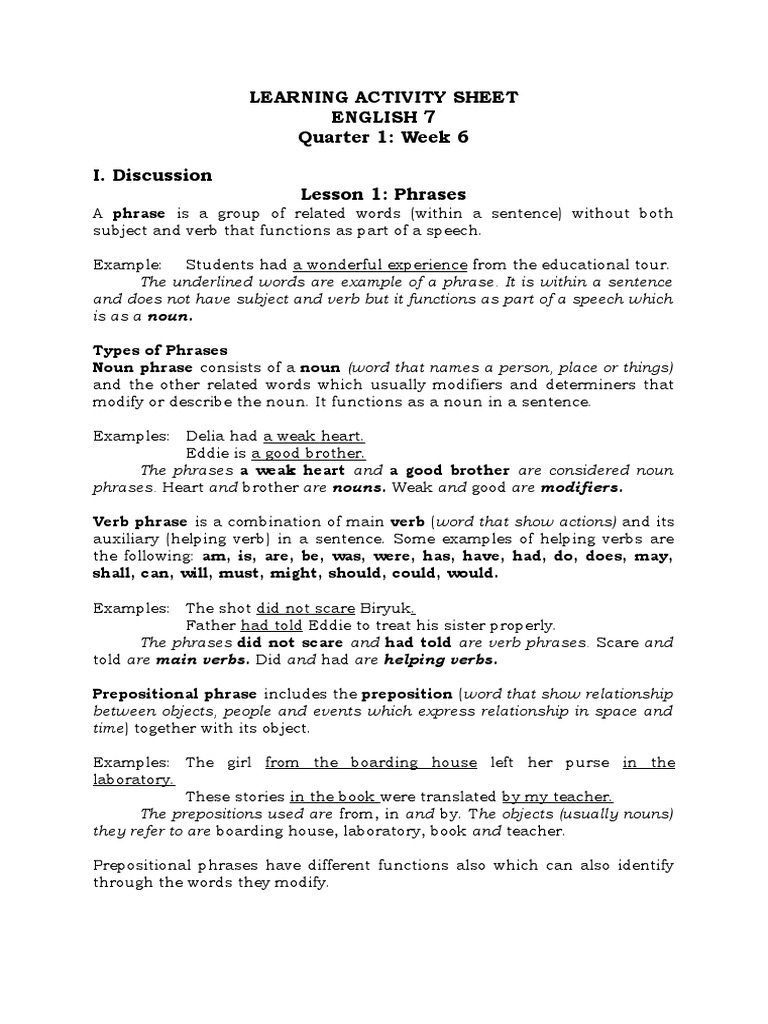 Phrases and Clauses for Grade 7 | PDF | Verb | Phrase