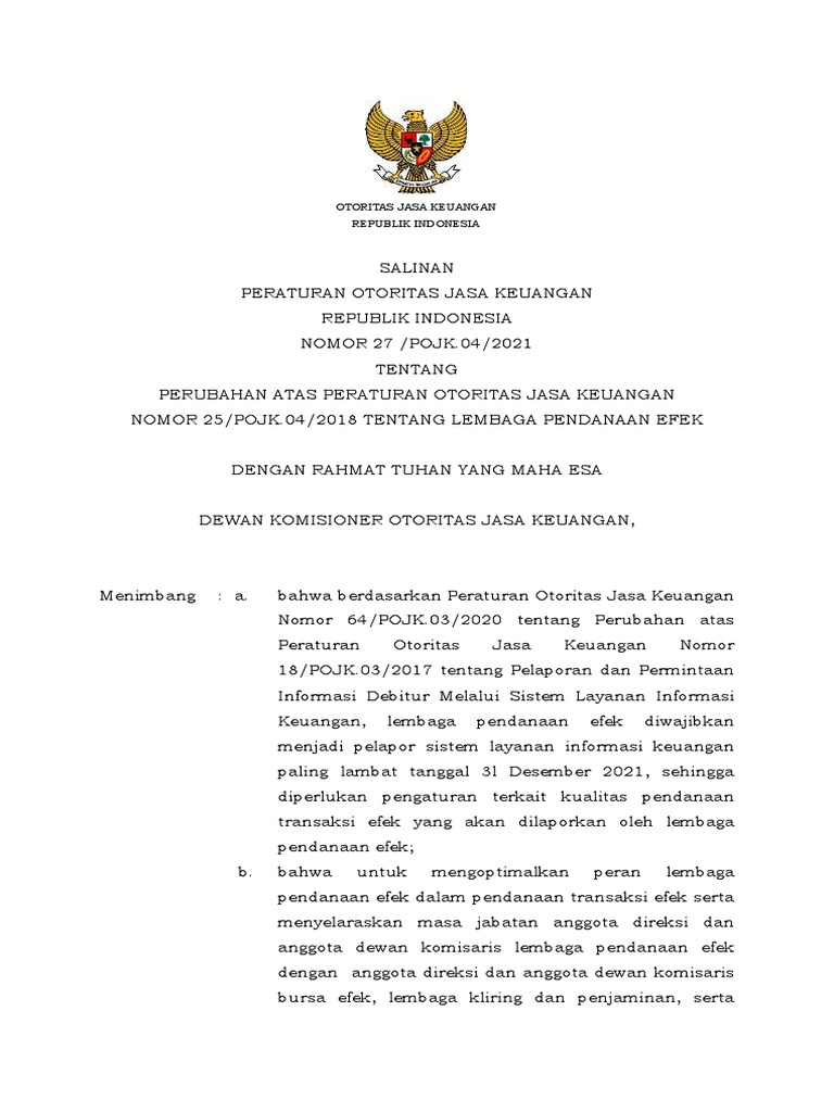 POJK - 2021-27 - Perubahan POJK 25-2018 Lembaga Pendanaan Efek | PDF