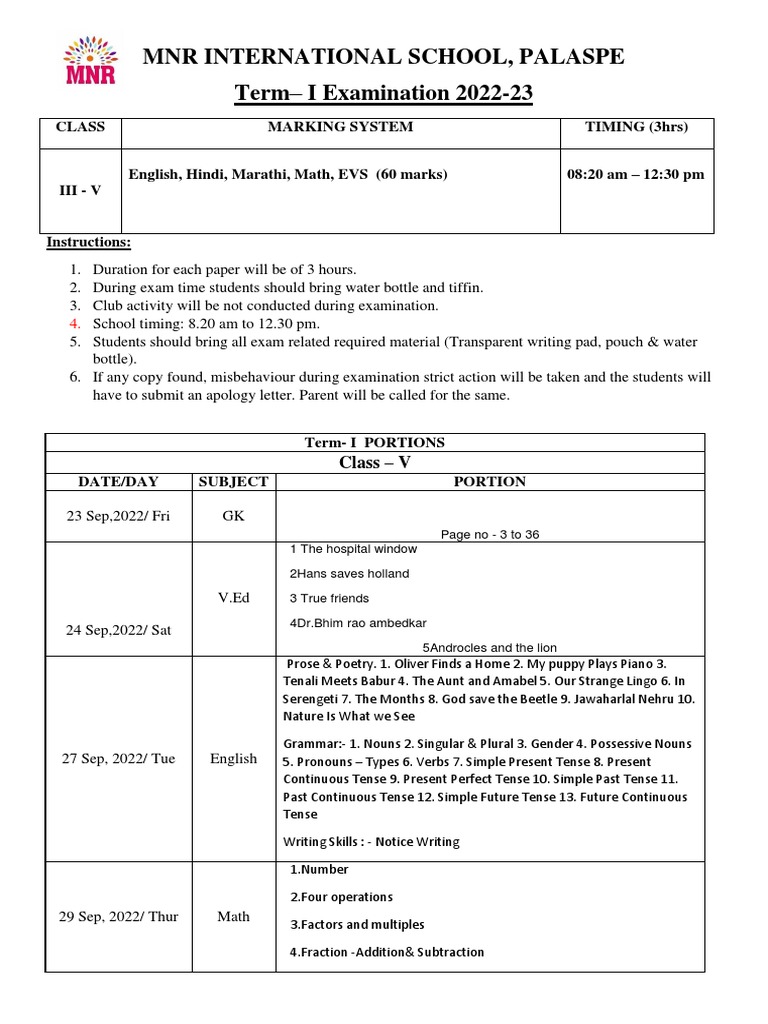 MNR International School, Palaspe Term I Examination 202223 PDF