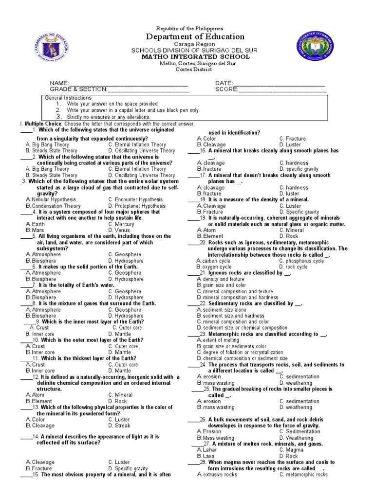 Earth Science Quiz for Students | PDF | Rock (Geology) | Plate Tectonics