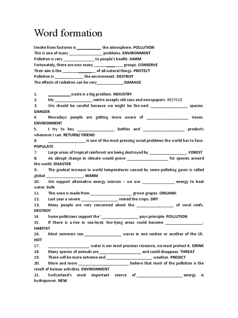 Environment Word Formation Exercises | PDF | Home & Garden | Science ...