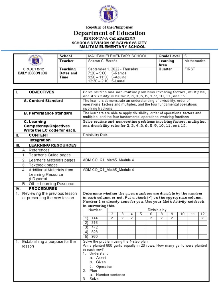 Grade 5 Math Lesson Plan: Factors & Divisibility | PDF