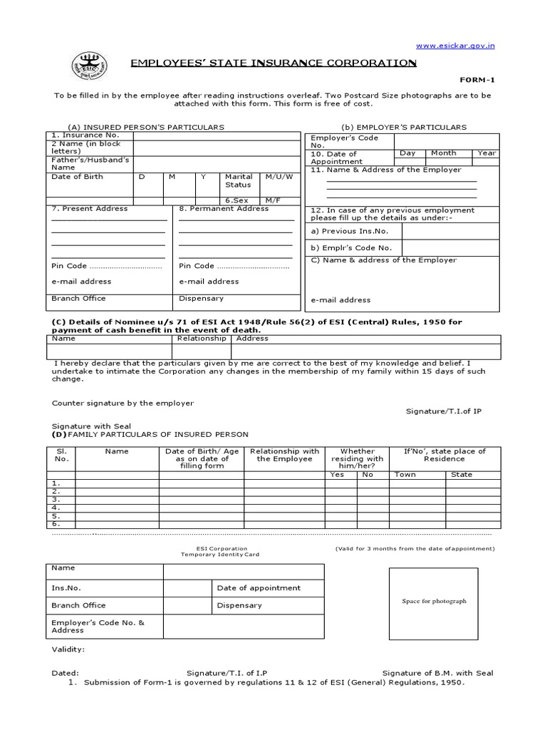 ESIC Form - 1 | PDF