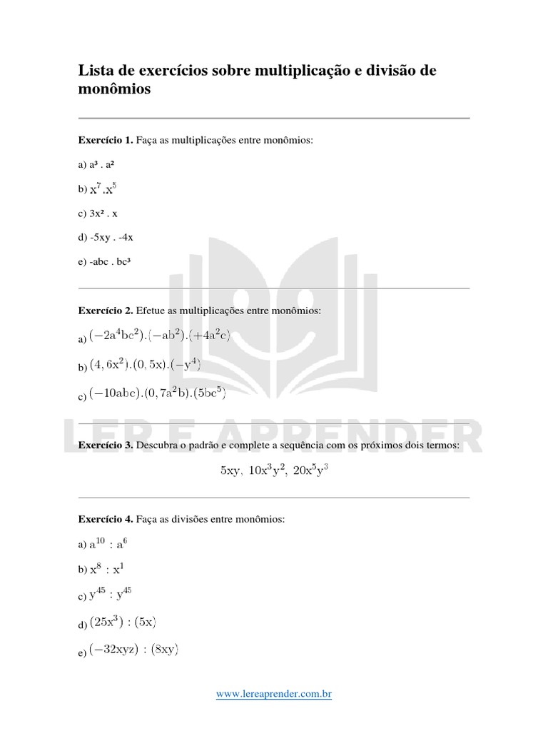 Lista de Exercícios de Multiplicação e Divisão de Monômios | PDF