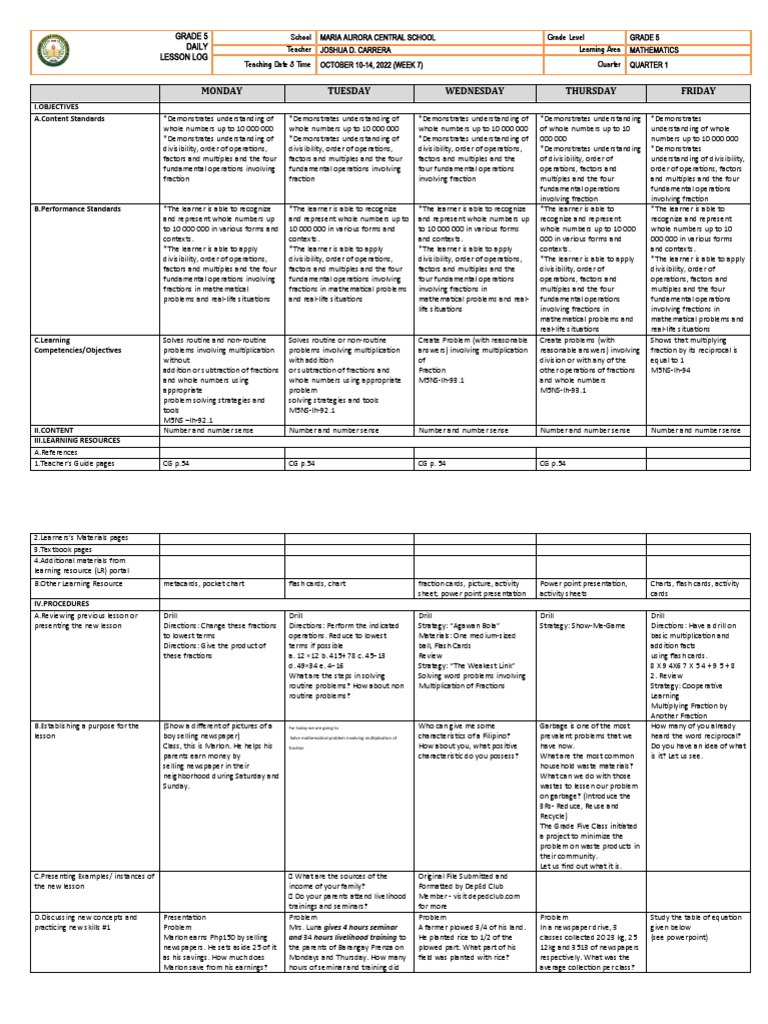 Grade 5 Math Lesson Plan: Week 7 | PDF | Multiplication | Learning