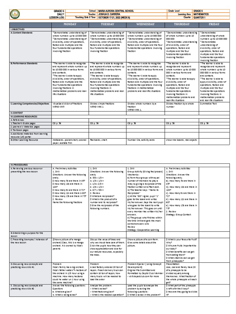 Grade 5 Math Lesson Plan: Week 8 | PDF | Mathematics | Algebra