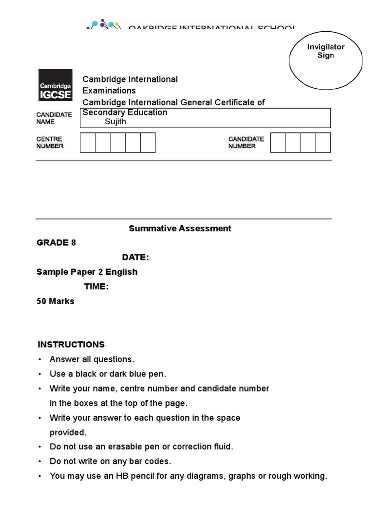 Caie Eng Paper 2 - GR 8 Sample | PDF