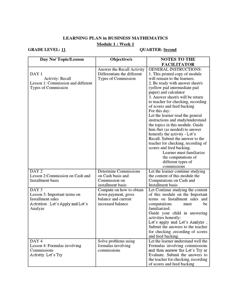 Business Mathematics Learning Plan | PDF | Learning | Teaching