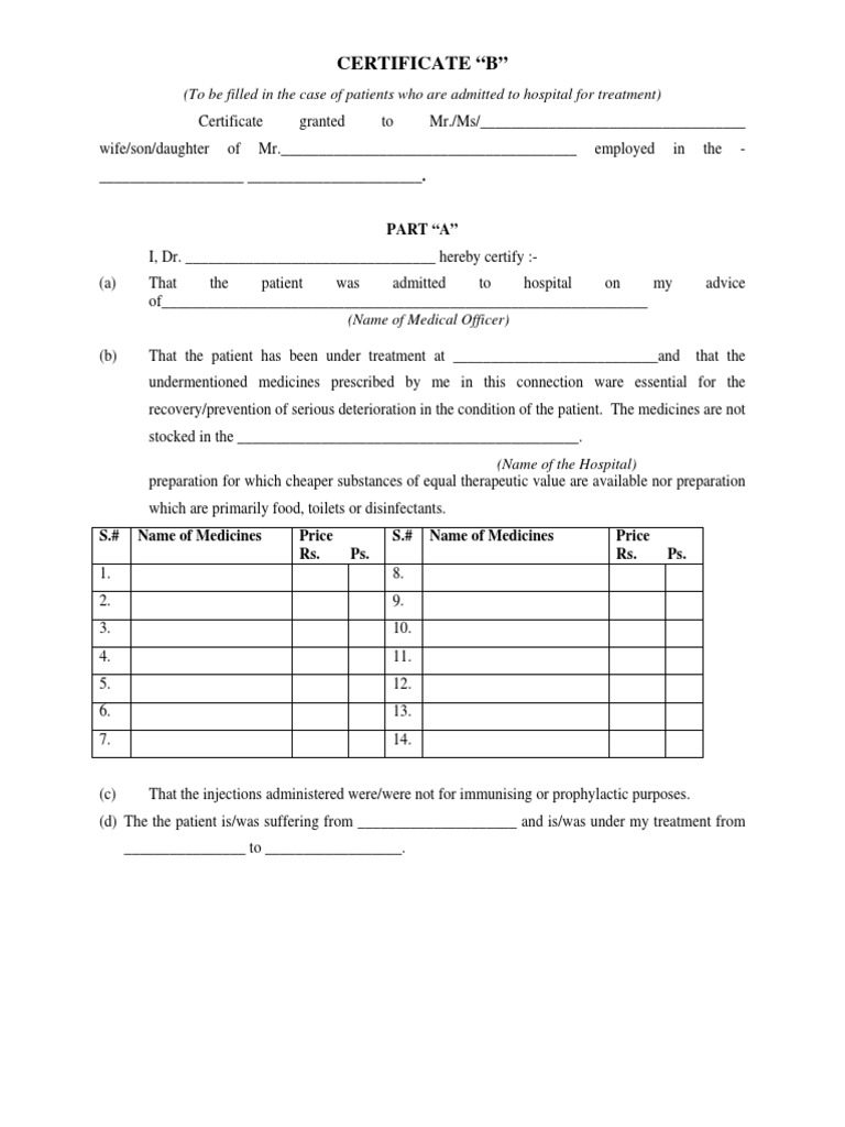 Medical Certificate Form B PDF Hospital Patient