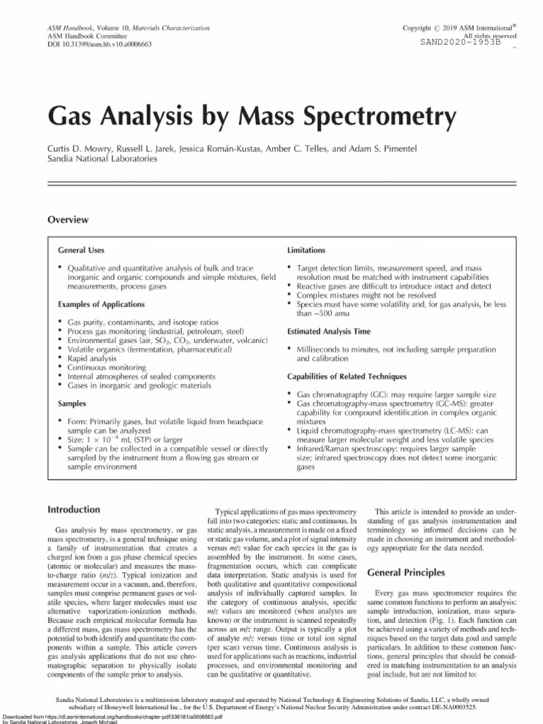 Gas Analysis by Mass Spectrometry SAND20201953B PDF Mass