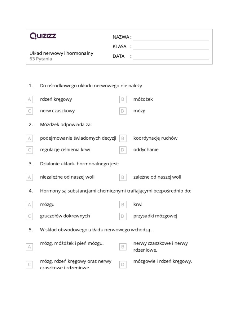 Układ Hormonalny Sprawdzian Układ Nerwowy I Hormonalny | PDF