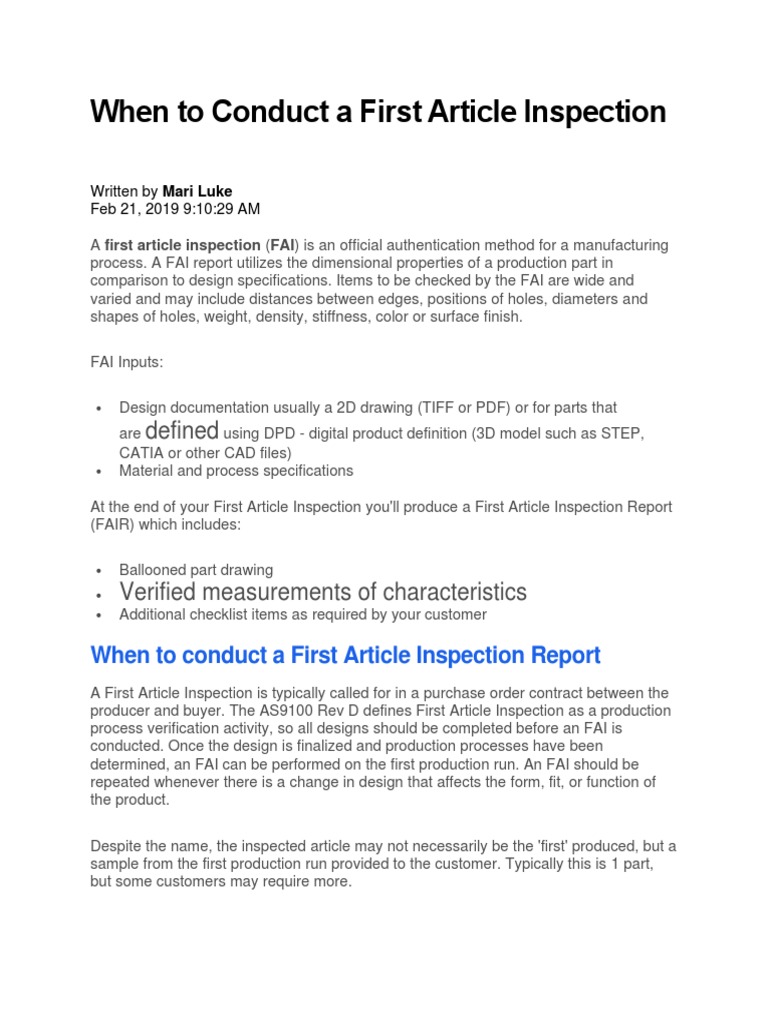 First Article Inspection Overview | PDF | Specification (Technical ...