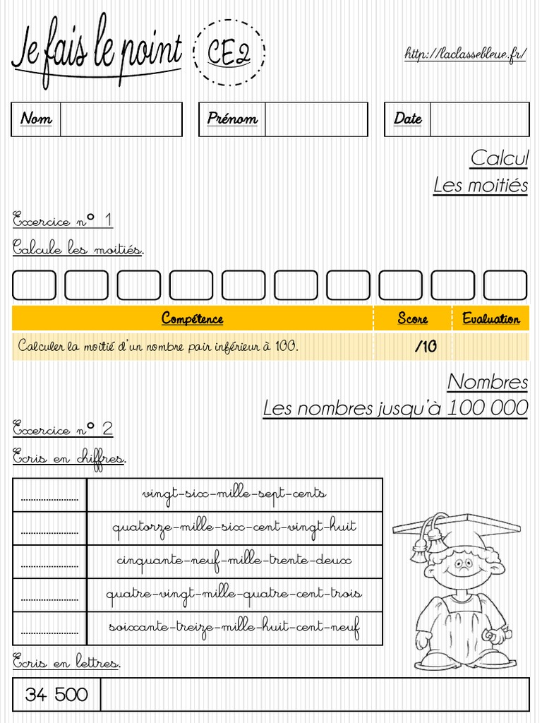 Évaluation Maths CE2 : Moitiés et Nombres | PDF | Méthodes et ...