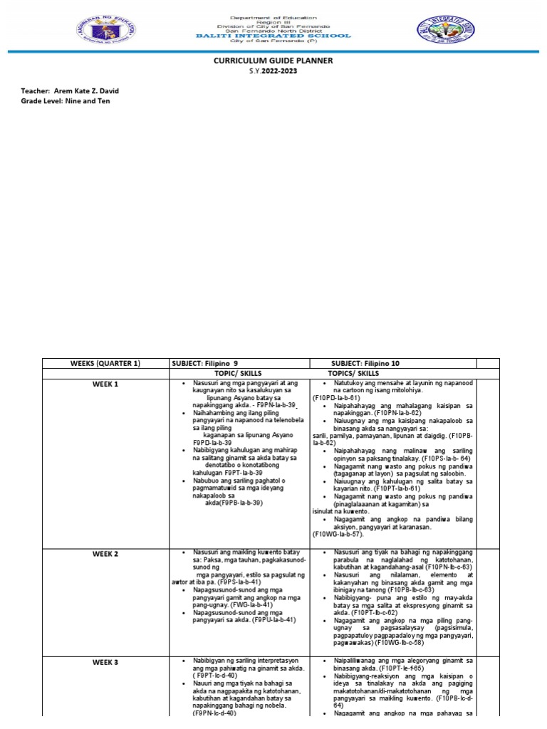 School-Based Curriculum Guide Planner-2022-2023 Filipino 9 10 | PDF