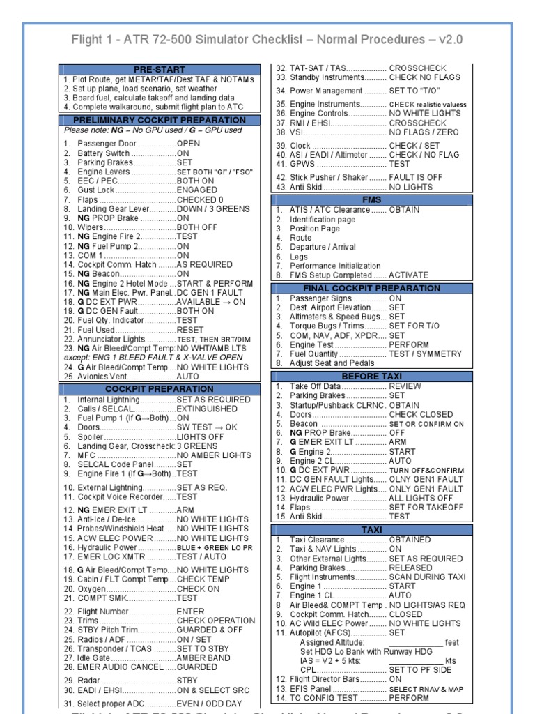 ATR 72-500 Simulator Checklist | PDF | Takeoff | Cockpit