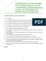 Décret N°20122809pm Du 26 Septembre 2012 Fixant Les Conditions de Tri de Collecte de Transport de Récupération de Recyclage de Traitement Et D'élimination Finale Des Déchet