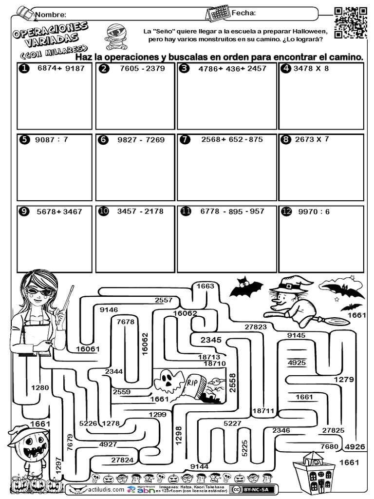 Operaciones Variadas Con Millares Laberinto Halloween 5° | PDF, image size:768x1024