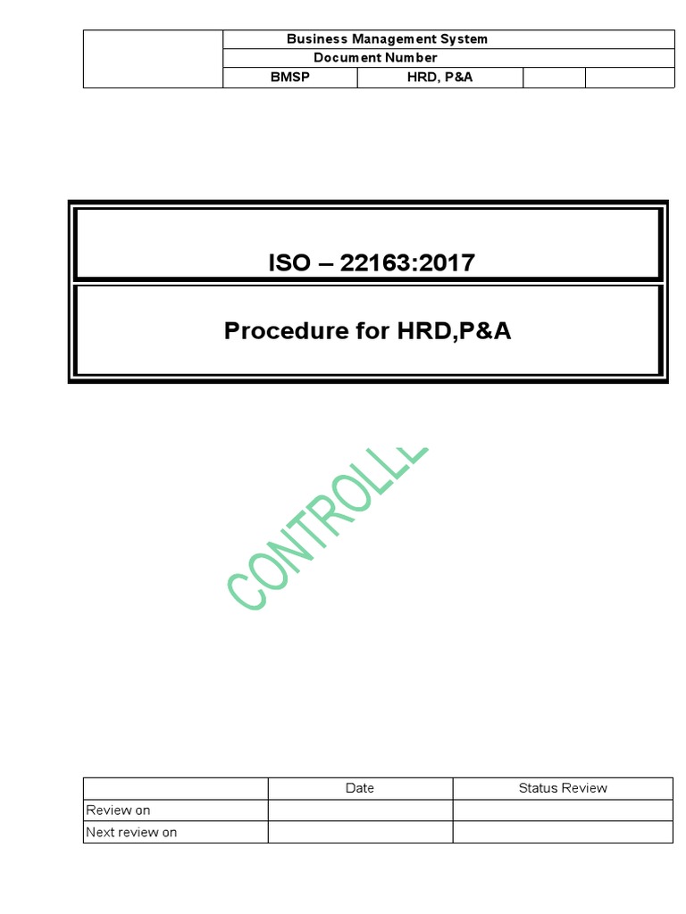 Human Resource Procedure ISO 22163 Template PDF Employment