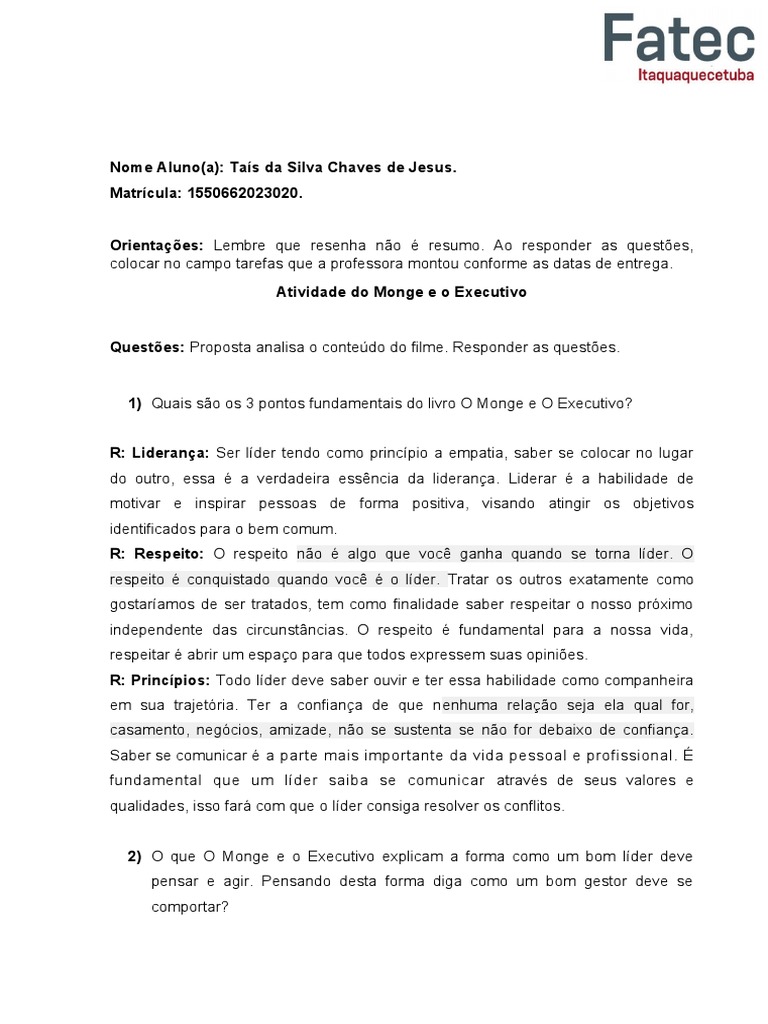 Atividade a livro o monge e o executivo pdf lideran a conhecimento