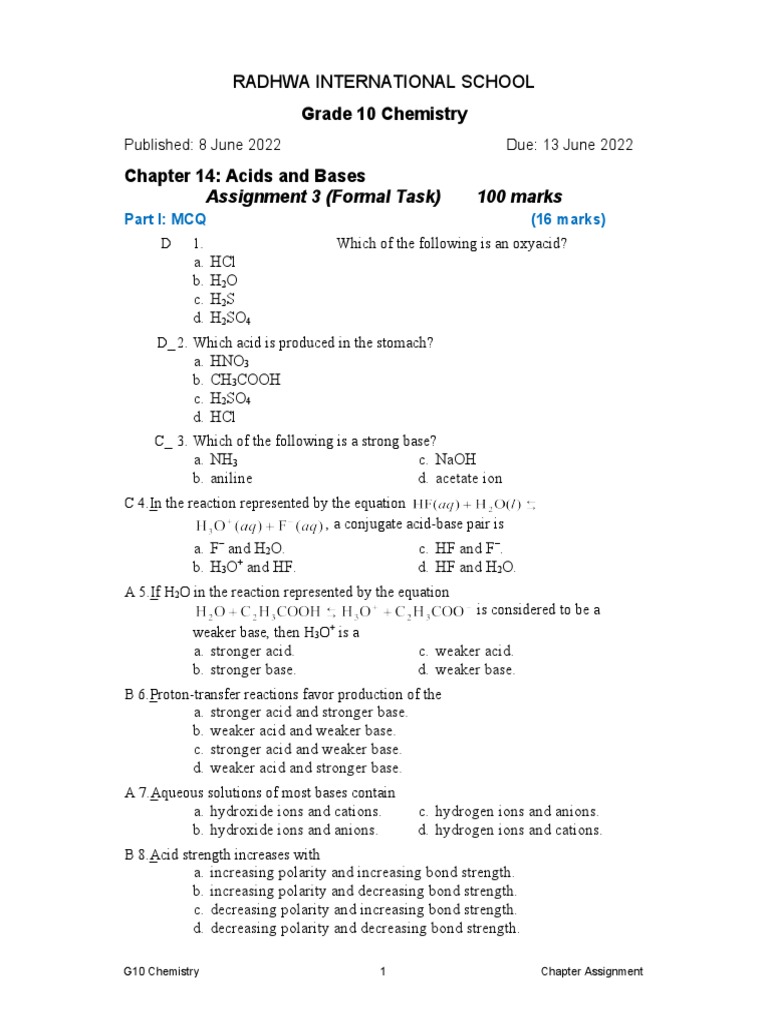 Grade 10 Chemistry Chapter 14 Acids and Bases Assignment 3 (Formal