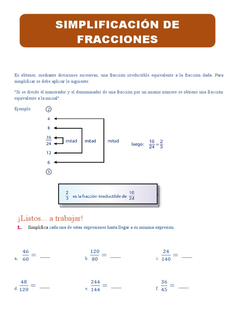 Simplificación de Fracciones para Quinto Grado de Primaria PDF