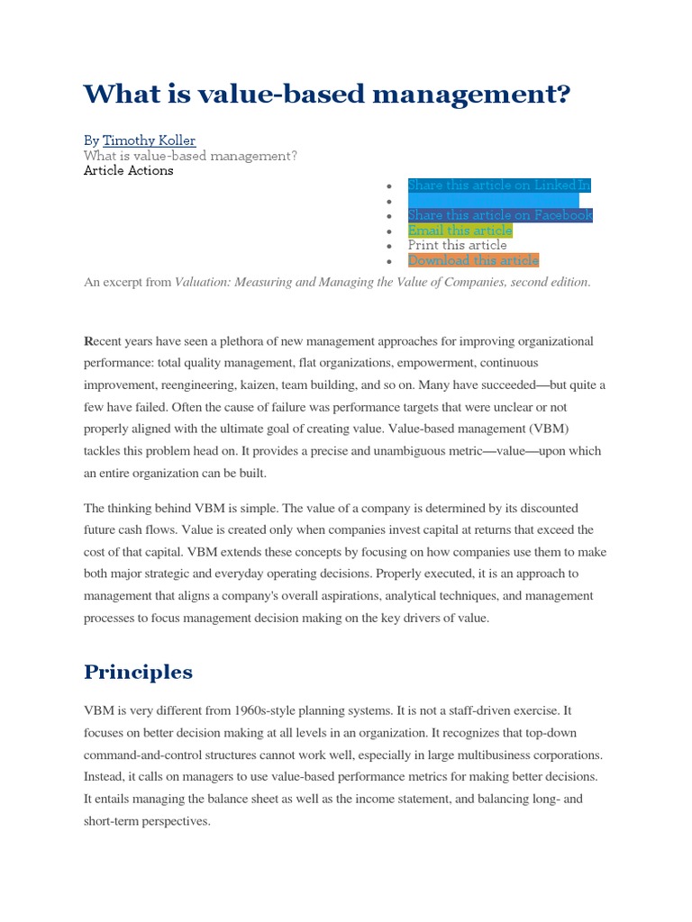 What Is ValueBased Management? Principles PDF Strategic
