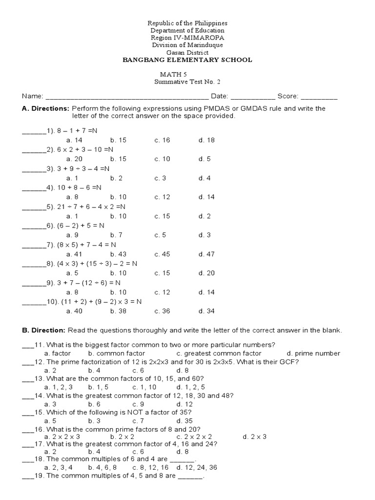 Math 5 Summative Test No. 2 | PDF | Arithmetic | Abstract Algebra