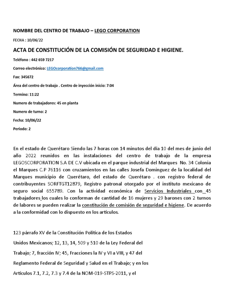 Copia de ACTA CONSTITUTIVA DE SEGURIDAD E HIGIENE | PDF | Gobierno