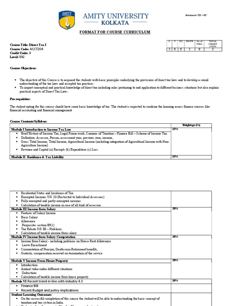Direct Tax I Course Curriculum Overview | PDF