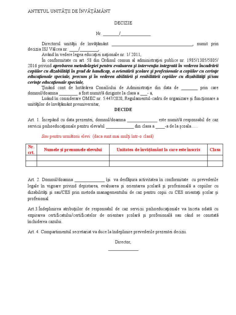 Decizie numire responsabil de caz model pdf