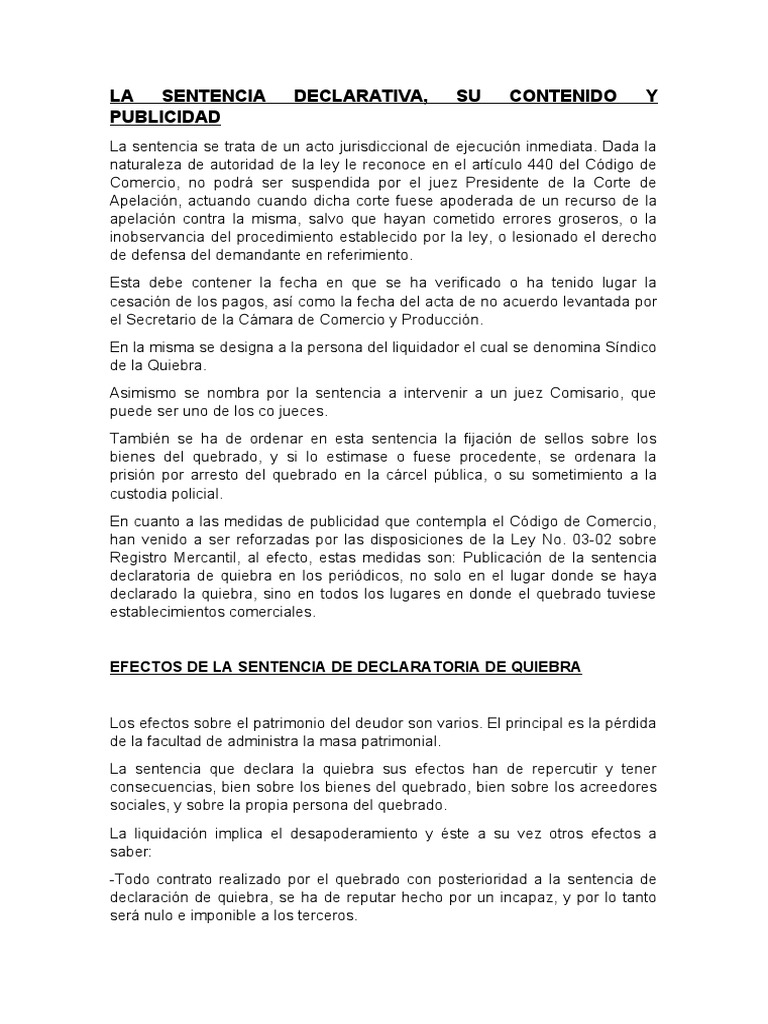 La Sentencia Declarativa de La Quiebra | PDF | Bancarrota | Pagos