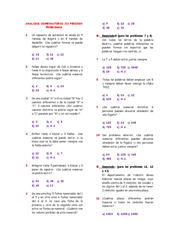 Problemas de Análisis Combinatorio | PDF | Métodos y materiales de ...