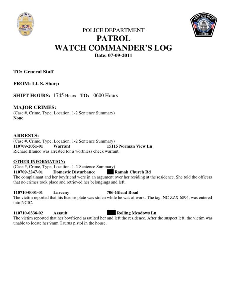 Patrol Watch Commander’s Log: 07-09-2011 | PDF