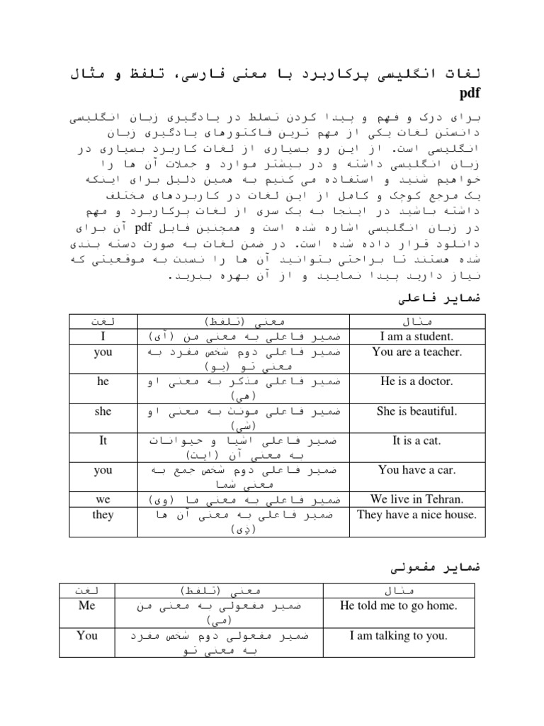 لغات انگلیسی پرکاربرد با معنی فارسی و تلفظ PDF | PDF
