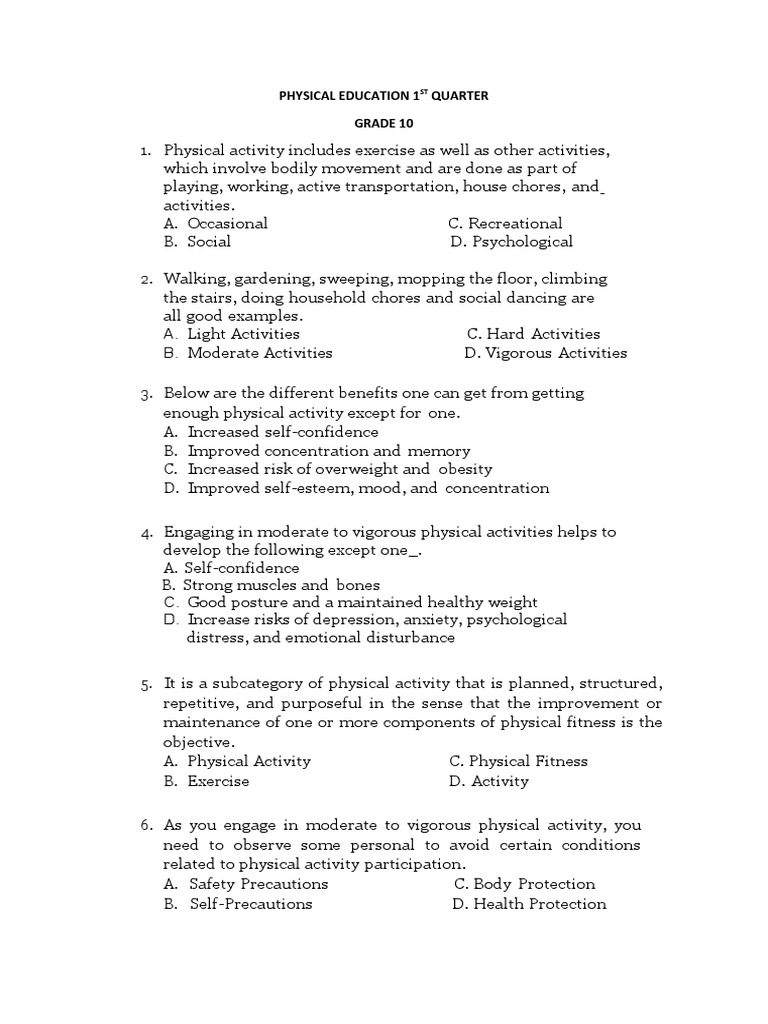 Grade 10 PE: 1st Quarter Overview | PDF | Physical Fitness | Clinical ...