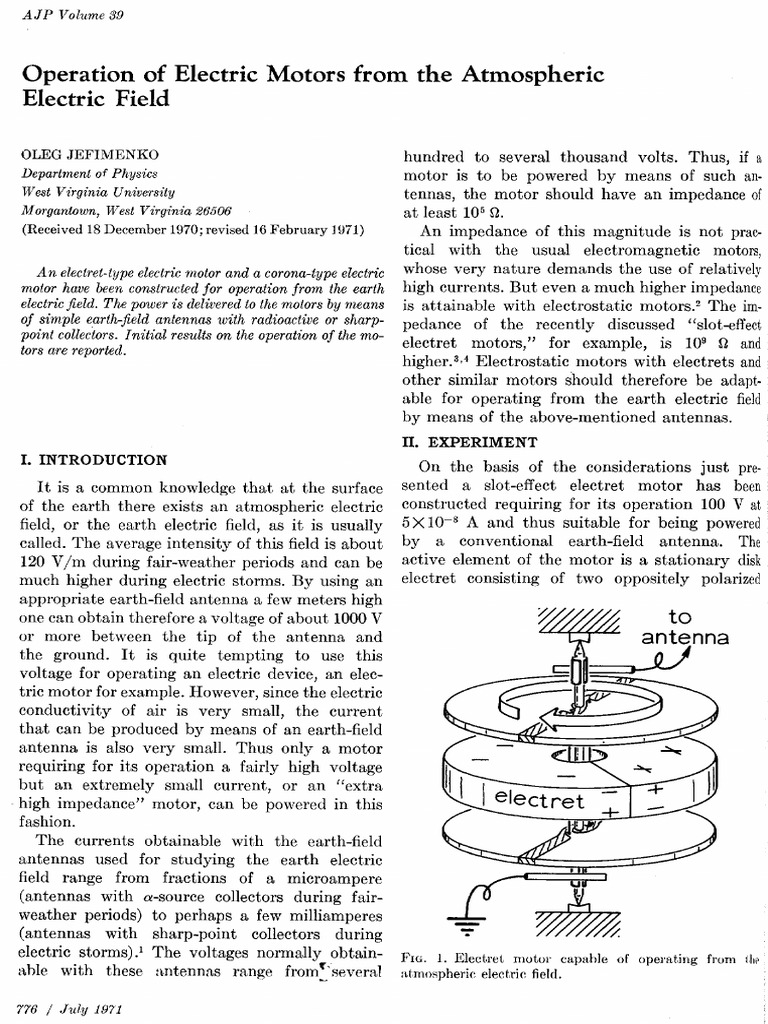 Operations of Electric Motors From Atmospheric Field-Jefimenko | PDF