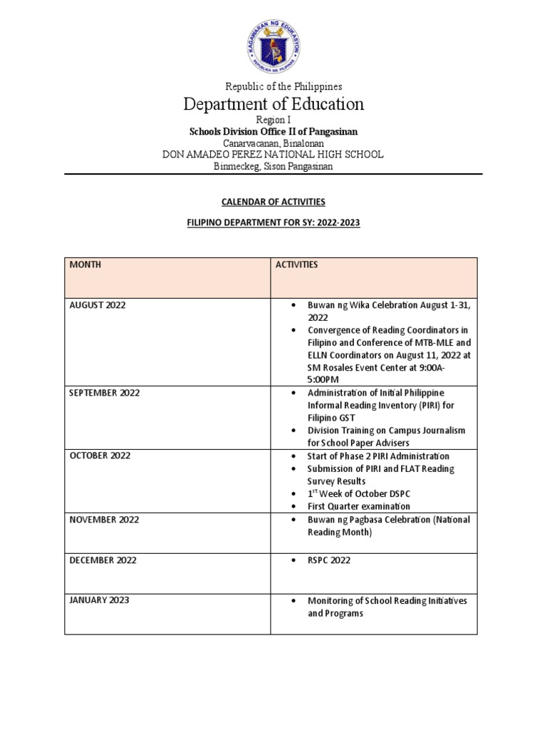 FILIPINO Calendar of Activities PDF Philippines Sociolinguistics