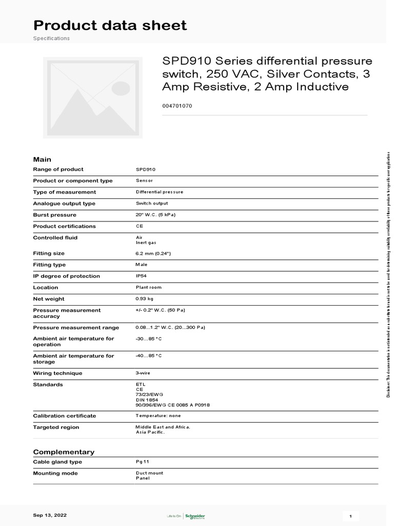 SPD910 Differential Pressure Switch Data | PDF | Pressure Measurement ...