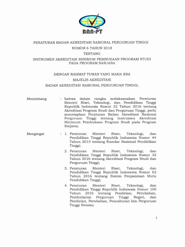 Peraturan BAN-PT No. 6 Tahun 2018-11 | PDF