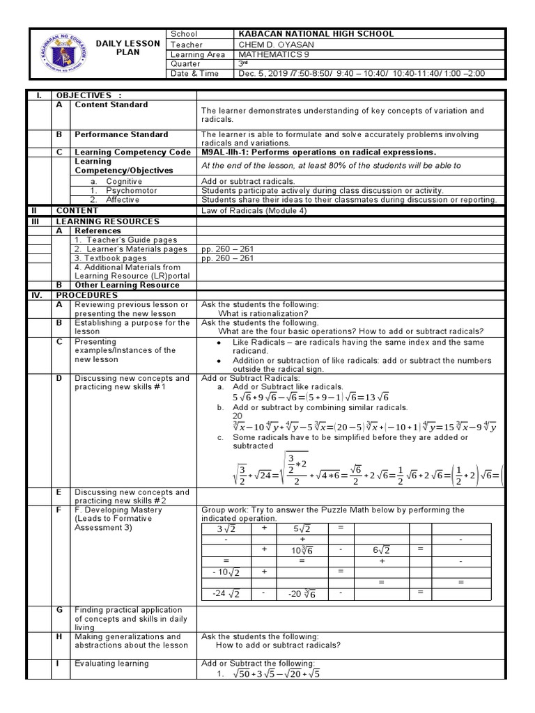 MATH DLP FORM GRADE 9 (December 5) | PDF | Learning | Behavior Modification
