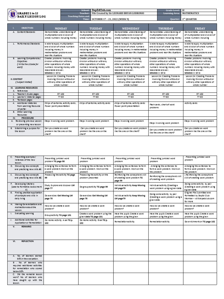 Grade IV Math Daily Lesson Log | PDF | Learning | Pedagogy