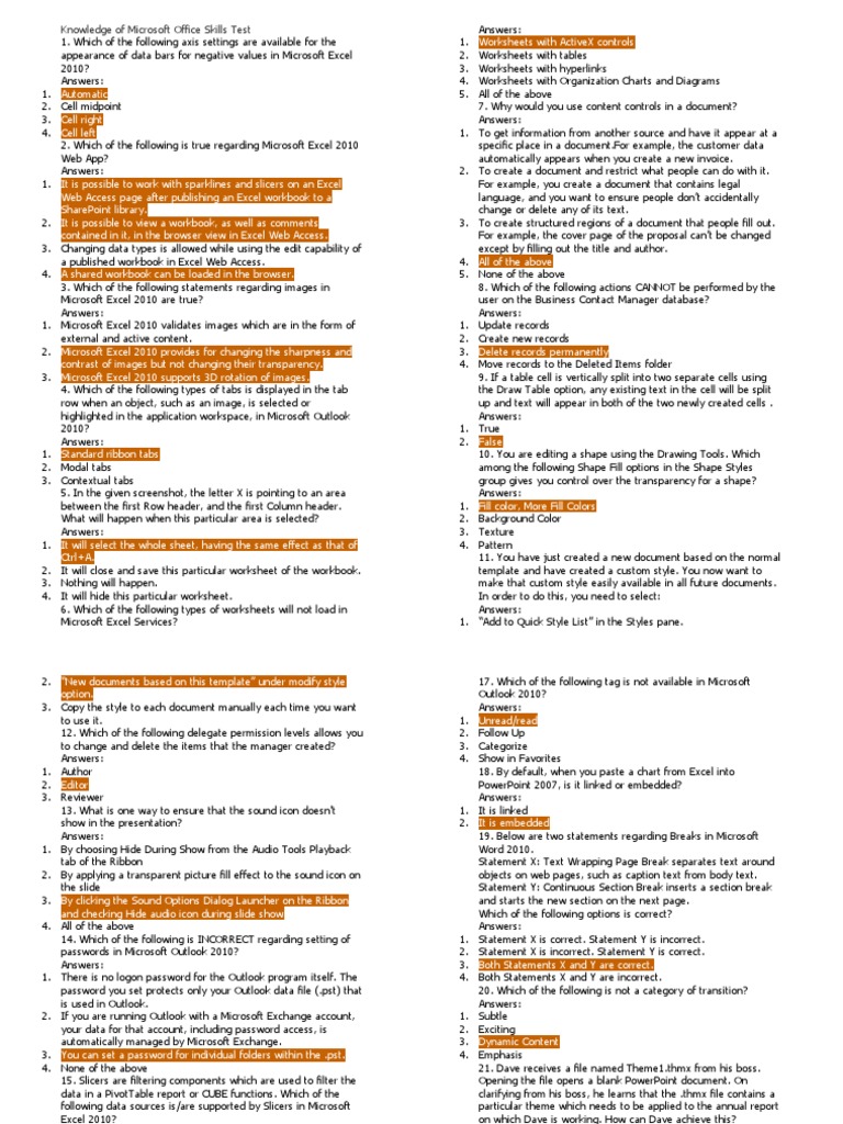 Knowledge of Microsoft Office Skills Test PDF Microsoft Excel