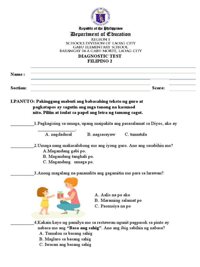 Diagnostic Test in Filipino 1 PDF