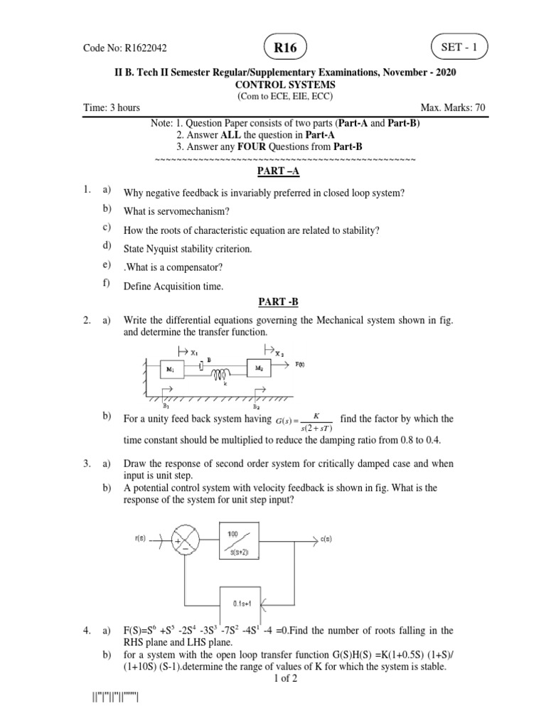 Control Systems Exam Questions PDF Feedback Electricity