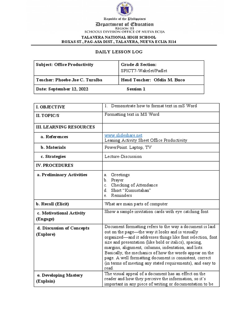 Daily Lesson Log | PDF | Microsoft Word | Cognition