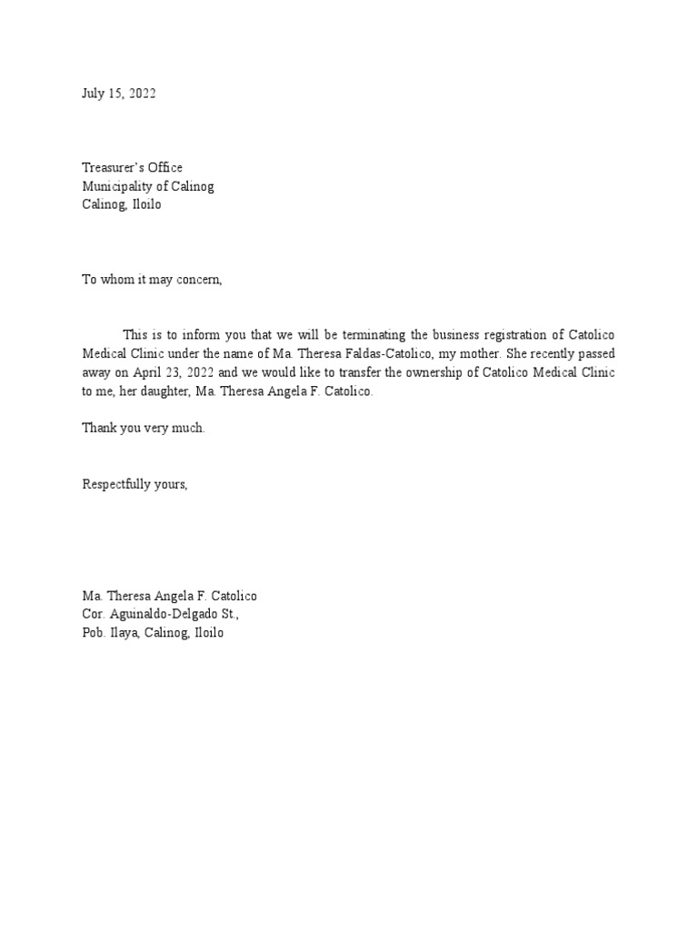 Letter of Termination and Transfer - Inday | PDF