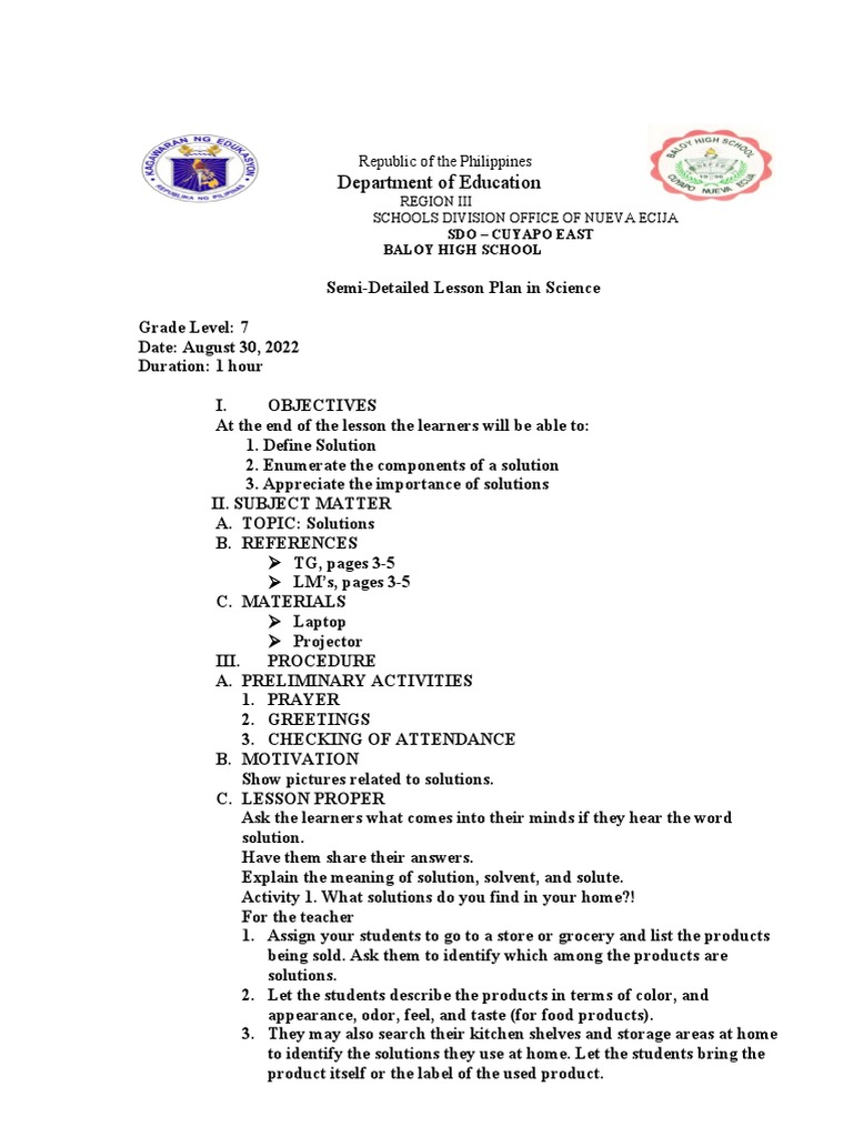 Lesson Plan Grade 7 | PDF