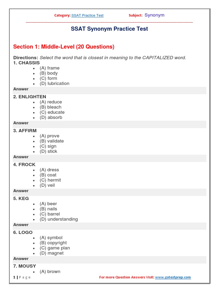 SSAT Synonym Practice Test PDF