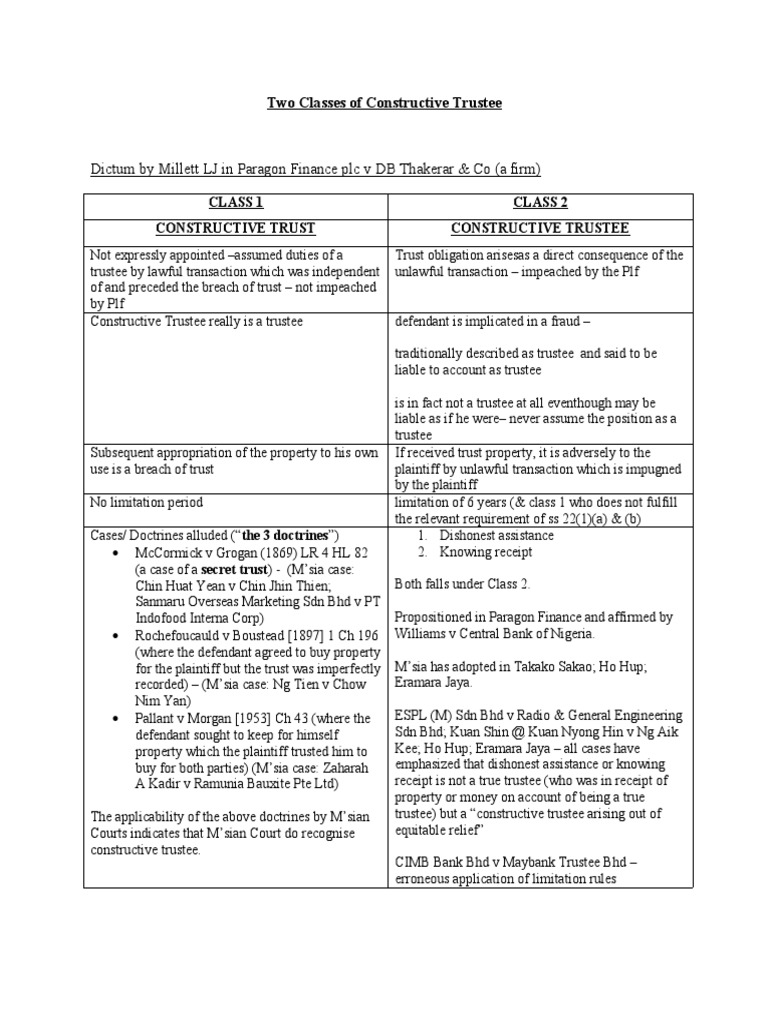Two classes of constructive trustee pdf english trust law trust law